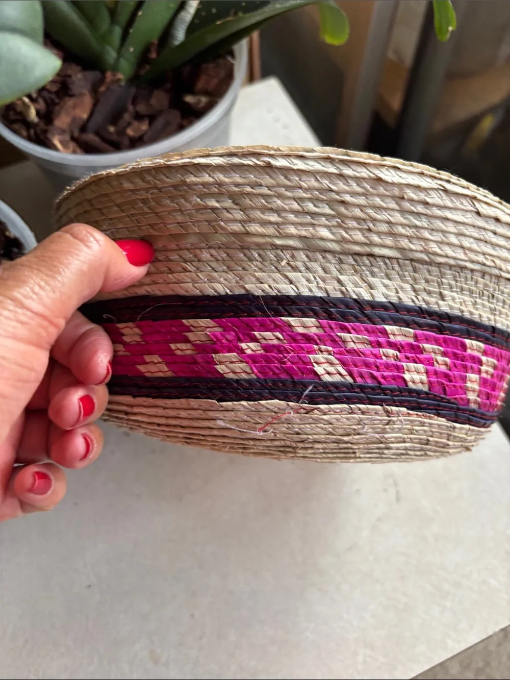 Handwoven Palm Tortillero Decorative Storage Basket with Green Floral Accent